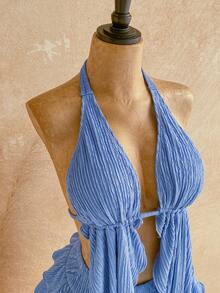 Soleia Plus Size New Light Blue Summer Boho Beach Holiday Knit Textured Halter Neck Asymmetric Hem Top + Low Waist Layered Ruffle Hem Skirt 2 Piece Set - Blue - View 3