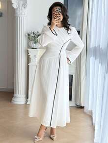 Solavon 女士圆领长袖薄纱褶皱中长连衣裙 - 白色 - 查看 7