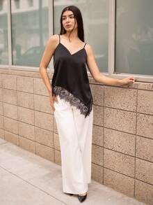 Andrea Bello 女士时尚蕾丝拼接不对称下摆黑色吊带背心，缎面蕾丝饰边，性感百搭，情人节必备 - 黑色 - 查看 7