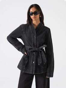 LYSMO Áo khoác denim tay dài, một hàng khuy, túi, thiết kế thắt lưng đơn giản dành cho nữ - Màu xanh hải quân - Xem 5
