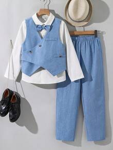 SHEIN 3件套/套 适合青少年/幼儿男孩春夏时尚可爱蓝色背心裤套装，绅士装束，正式场合穿着，适合度假、婚礼、迎婴派对、优雅场合、婚礼宾客、花童、戒指童、复活节等。 - 藍色 - 查看 2