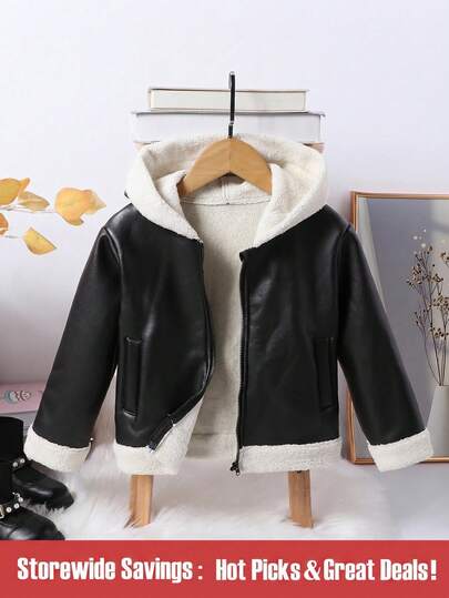 SHEIN Young Boy Casual Fashionable PU Leather & Furry Hooded Biker Jacket, Thick For Autumn Winter, Warm & Versatile, Stylish & Cool