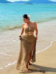 Sunnyshic فستان نسائي كبير الحجم بأربطة وفتحات جانبية عالية وإبزيم معدني شبه شفاف للعطلات - لون مشمشي - مشاهدة 4
