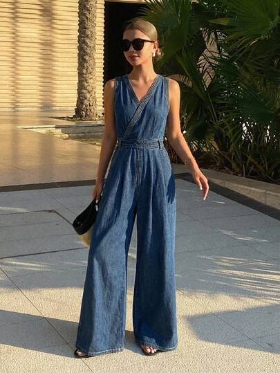 Livesso Sleeveless V-Neck Waist Cinched Women Denim Jumpsuit