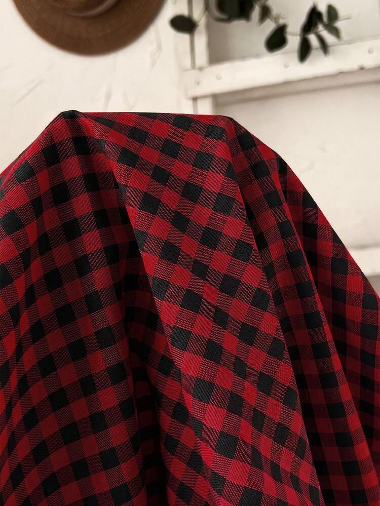 SHEIN RusticEase 大码女式春季休闲荷叶边红色格子宽松衬衫 - 酒紅色 - 查看 9