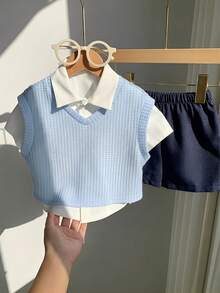 SHEIN 男童休闲校服三件套：背心、条纹衬衫、短裤，适合生日派对、晚宴、演出、婚礼、学校活动、洗礼、迎婴派对、春夏秋季穿着。 - 藍色 - 查看 3