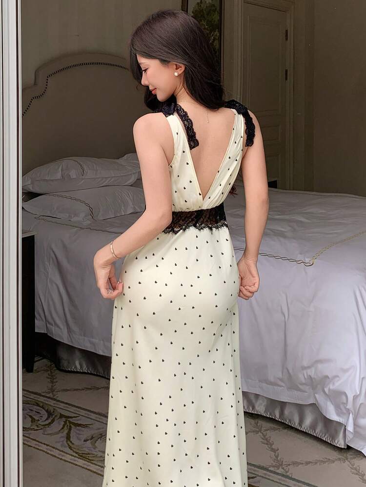 Women's Elegant Colorblock Lace Patchwork Polka Dot Print Waist Cinched Long Nightgown, Summer