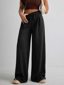 Women's Casual Solid Color Drawstring Waist Wide Leg Pants - Black - View 3