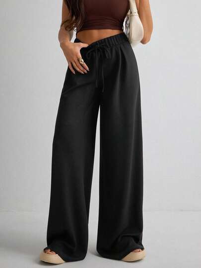 Damen Lässig Einfarbige Hose mit Tunnelzug Taille und weitem Bein