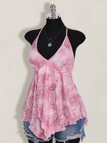 SHEIN ICON 大码女装春夏外出度假休闲复古印花露背吊带Y2K V领西部风女装波西米亚海滩嬉皮娃娃衫 - 粉色 - 查看 6