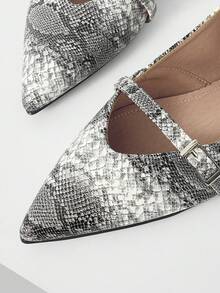 Mnmlis Ladies Commuter Fashion Metal Buckle Animal Pattern Snake Pattern Comfortable Soft Bottom Pointed Flat Bottom Shoes - Dark Grey - View 4
