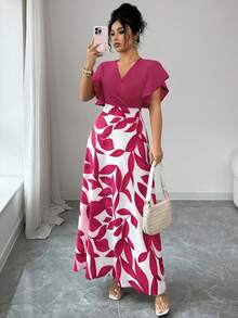 Elenzga 女士优雅酒红色叶子图案褶皱短袖修身连衣裙，春夏款 - 玫紅色 - 查看 4