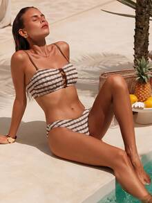 SHEIN Swim Lushore 欧美新款夏季性感条纹撞色串珠露背比基尼泳衣套装 - 彩色 - 查看 4
