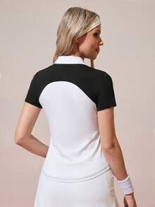 CourtClass CourtClass Women's Contrast Color Polo Collar Short Sleeve Golf Polo Shirt - Black and White - View 2