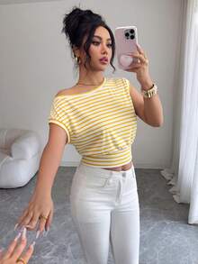 Elenzga Asymmetric Waist Hem Oblique Shoulder Elegant Office Lady T-Shirt - Yellow - View 6