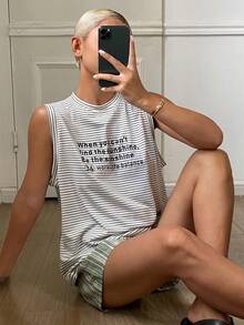 Livesso 2件套女士条纹无袖露脐上衣和短裤睡衣套装，夏季 - 彩色 - 查看 4