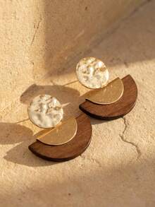 Swim Chiccia 1 Pair Bohemian Women Retro Elegant Hammered Metal Round & Semi-Circle Wood Earrings, Fashionable Accessories For Spring/Summer And All Year Round - Earring - View 8