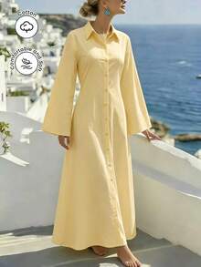 SHEIN Najma Đầm sơ mi màu vàng cổ bẻ tay loe, lưng hở, thắt eo. - Màu vàng - Xem 2