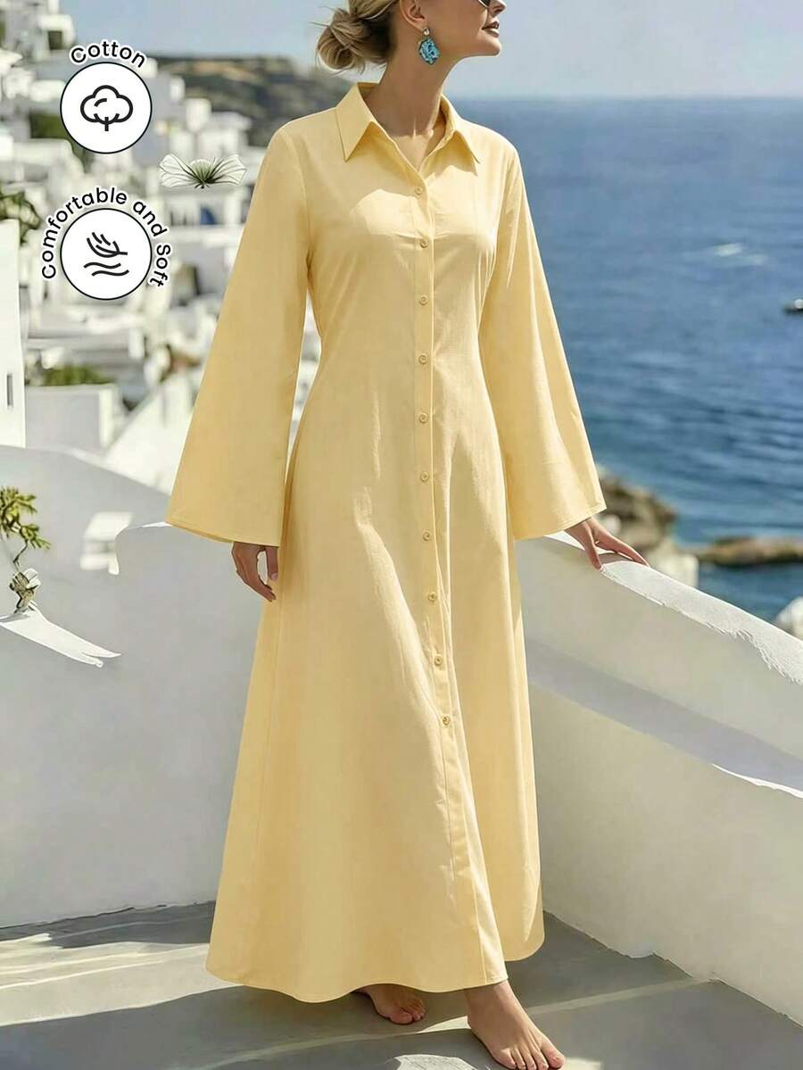 SHEIN Najma Đầm sơ mi màu vàng cổ bẻ tay loe, lưng hở, thắt eo.