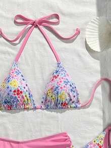 Swim Mod Conjunto de bikini de 3 piezas con parte superior triangular con escote de pico y espalda descubierta, y Bottom, con estampado de lunares y lazo, para mujer. Conjunto de bikini con estampado floral para primavera/verano como atuendo de playa para mujer - Multicolor - Ver 5