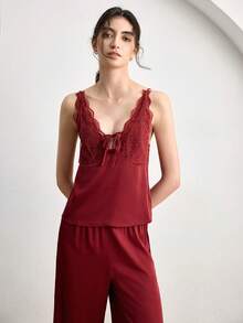 Ocili Bộ đồ ngủ 2 món kiểu Bohemian gồm áo hai dây và quần viền ren, đồ ngủ thoải mái cho nữ. - Màu Đỏ Sâu - Xem 8