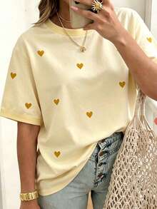 EMERY ROSE Plus Size Women Heart Print Round Neck Short Sleeve Casual T-Shirt - Multicolor - View 4