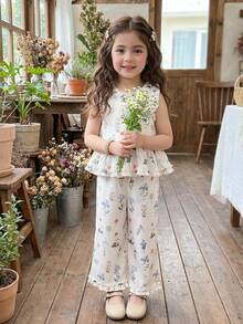 Vintaside Kids Young Girls' Sleeveless Floral Decorated Top And Pants Set, Sweet And Fresh Style, Suitable For Daily Outings, Casual Gatherings, Vacations - Multicolor - View 6