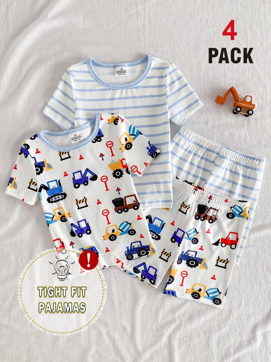 SHEIN 4pcs/Set Piyama Anak Laki-Laki Motif Kartun Mobil Lucu, Pas Badan, Kasual, Pakaian Rumah Musim Panas - MultiWarna - View 1