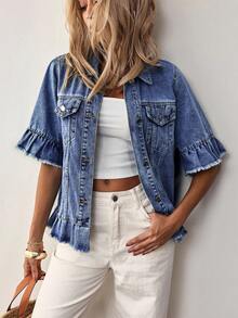 EMERY ROSE Plus Size Women Casual Single-Breasted Frayed Hem Denim Jacket, Versatile For Daily Wear - Blue - View 3