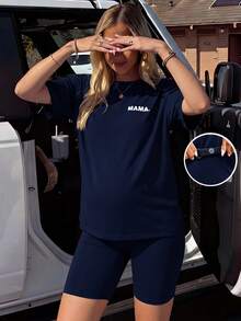 SHEIN 2pcs Maternity Letter Print Casual Short Sleeve T-Shirt And Adjustable Waist Shorts Set - Navy Blue - View 2
