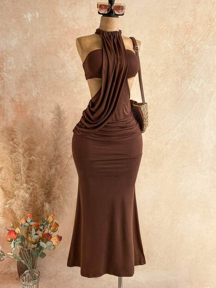 Soleia 女款春夏度假風繞領式不對稱抓皺緊身洋裝,附肩帶,適合約會、花園、茶會、花藝、波希米亞、度假、復古、假日 - 棕色 - 查看 1