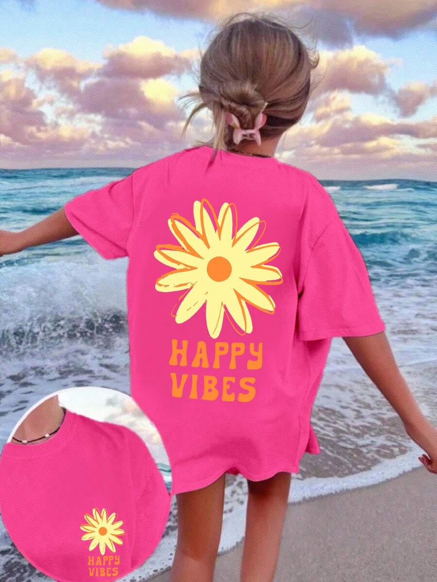 女童粉色碎花短袖T恤,圆领休闲字母时尚上衣,“HAPPY VIBES”雏菊图案印花T恤,度假款 - 玫紅色 - 查看 1