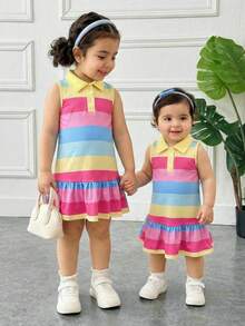 Young Girl Casual & Home Cute Rainbow Striped Button Front Sleeveless Ruffle Hem A-Line Polo Dress - Multicolor - View 2