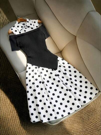 Franclia 女士波点露肩连衣裙，黑色拼接下摆，不对称两件式设计，优雅女士连衣裙，黑白女士连衣裙，白色碎花女士连衣裙，白色碎花女士衬衫裙，女士休闲连衣裙，黑白撞色连衣裙，罗纹针织连衣裙，女士露肩连衣裙，短袖连衣裙，正式连衣裙，翻领连衣裙，夏季度假装，户外服装，女士户外连衣裙，夏季连衣裙，女士夏季套装，度假连衣裙，度假套装