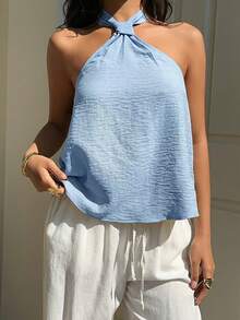 SHEIN EZwear 淺藍色編織掛脖上衣女款，夏季海灘度假歐風端莊上衣 - 淺藍色 - 查看 2