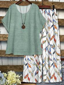Plus Size Women's Elegant Leaf Print Round Neck Short Sleeve Top And Pants 2-Piece Set,Suitable For Daily Wear,Vacation Holiday,Summer - Multicolor - View 1