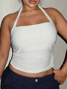 女士度假吊带白色针织纹理紧身背心 - 白色 - 查看 6