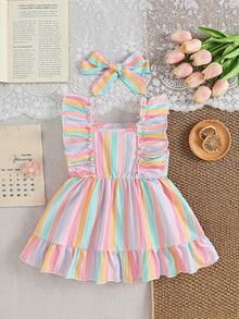 SHEIN Đầm không tay in sọc cầu vồng cho bé gái, có bèo nhún ở gấu, chất vải nhăn mềm mại, kiểu dáng giản dị, dễ thương, thanh lịch, đa năng cho các dịp xuân/hè như đi chơi, đi học, công viên, du lịch, tiệc tùng. - Nhiều màu - Xem 1