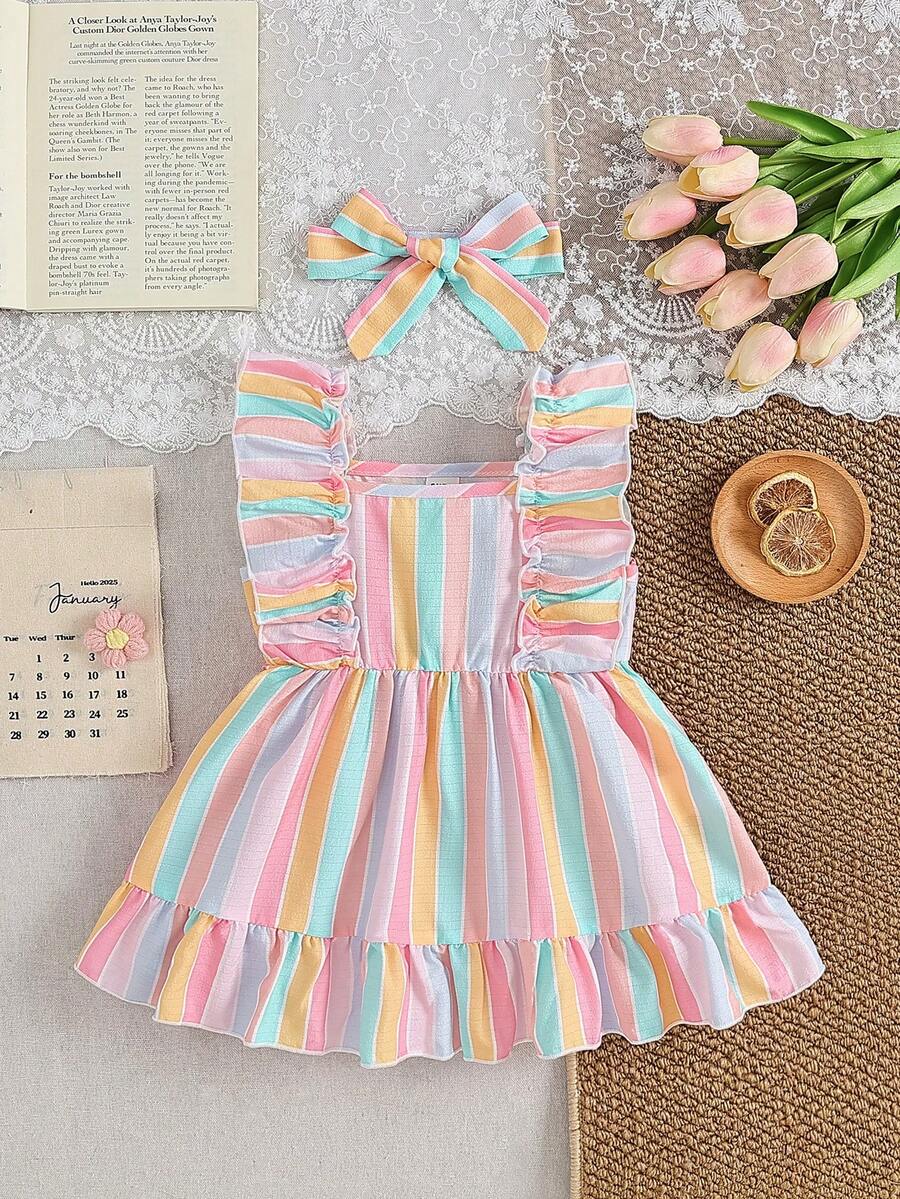 SHEIN Đầm không tay in sọc cầu vồng cho bé gái, có bèo nhún ở gấu, chất vải nhăn mềm mại, kiểu dáng giản dị, dễ thương, thanh lịch, đa năng cho các dịp xuân/hè như đi chơi, đi học, công viên, du lịch, tiệc tùng. - Nhiều màu - Xem 1