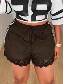 Maweii Plus Size Loose Lace Patchwork Bow Shorts - Brown - View 4