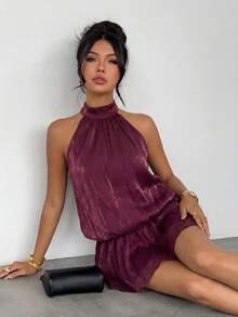 DAZY Women's Solid Color Halter Backless Tie Cinched Waist Flared Hem Elegant Sexy Summer Tank Top - Burgundy - View 2