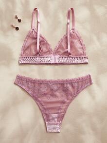 Charlaine 2件套粉色蕾丝拼接薄纱缎面无钢圈三角杯浪漫法式优雅精致女士内衣套装 - 藕粉色 - 查看 2