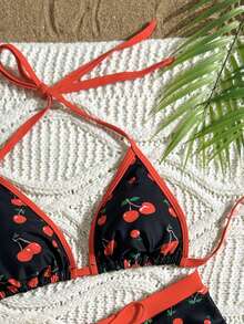 SHEIN Swim Mod Women's New Summer Beach Vacation Style Cute Cherry Print Bikini,Halter-Neck Backless Triangle Cup Top And Beach Shorts, Zestiva Swimsuit, Cherry Print Shorts, Cherry Swimsuit - Multicolor - View 8