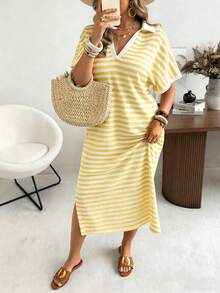 Ceyna Plus Size Spring/Summer Short Sleeve Knit Casual Vacation Yellow Dress Tea Party Vacation - Pale Yellow - View 6