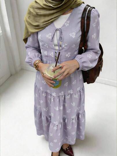 Solavon Women's Elegant All-Over Print Front Tie Lantern Sleeve Blouse, Spring