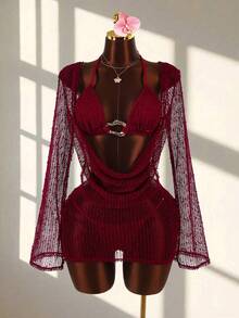 3 piezas Conjunto de Bikini Sexy de Mujer - Top, Bottom y Cubridor - Burdeos - Ver 3