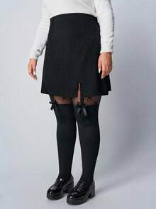 SHEIN PETITE CURVE CURVE Plus Size Women's Petite Black Sheer Mesh Contrast Bow Decor Leggings,High-Waisted Summer Goth Rave Pants For Holiday Vacation - Black - View 3