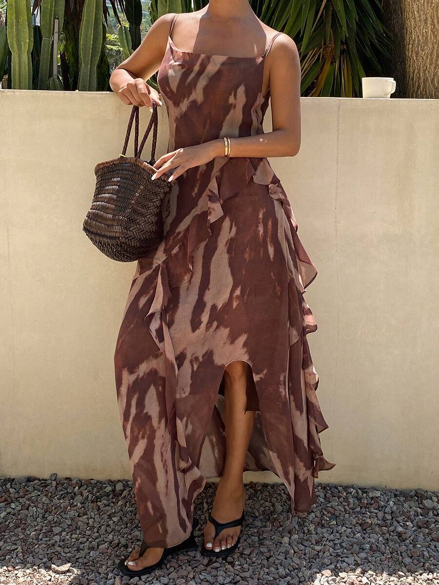 Livesso Asymmetrisches Blumen-Slip-Kleid für Frühling & Sommer, geeignet für Musikfestivals, Valentinstag, Hochzeiten, Casual, Strand, Chiffon-Midi-Kleid für Frauen, Sommerkleider für Frauen - Rot - Übersicht 1