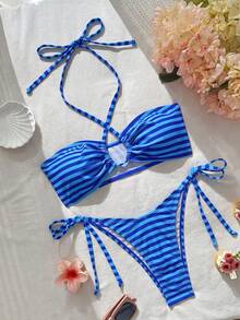 Swim Mod Conjunto de bikini de dos piezas con estampado tropical a rayas para mujer, ropa casual de resort - Multicolor - Ver 4