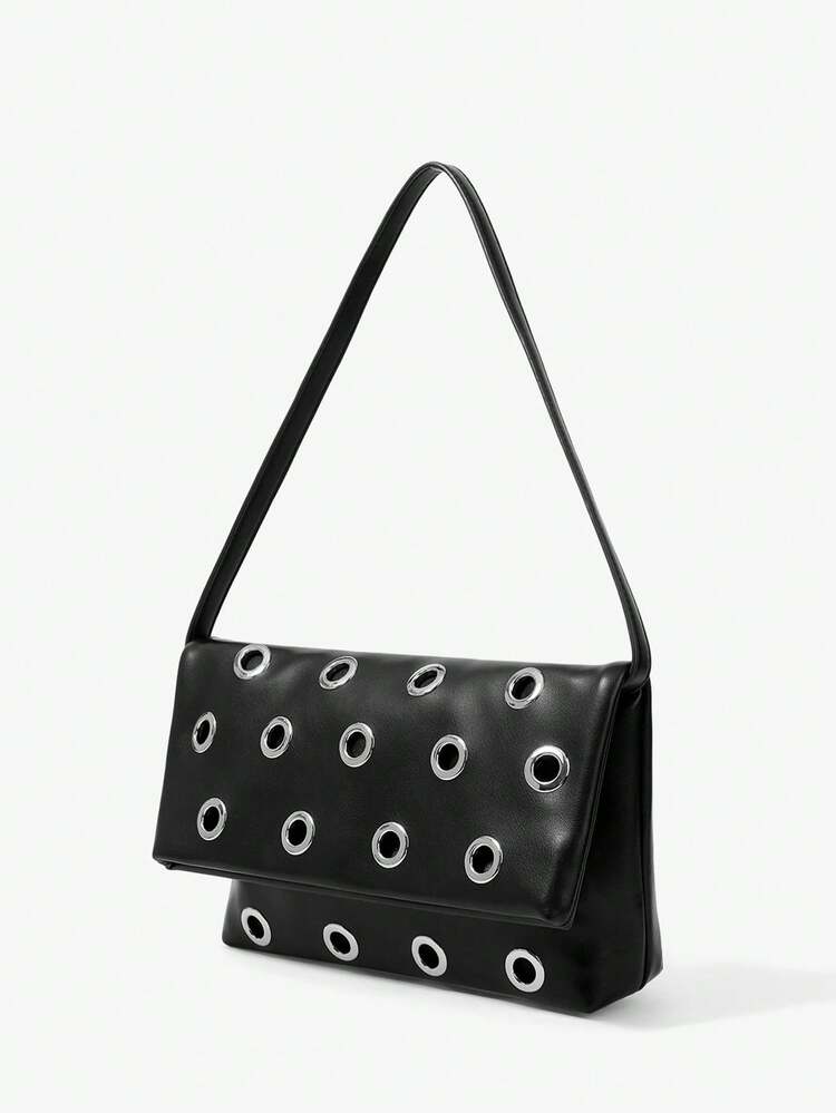 SHEIN Maija Ladies, Women Black Shoulder Bag, Faux Leather, Black Bag, Fashionable, Personalized, Simple, Versatile, Street, Retro, Rivets, For Commute, Office, Date, Daily, Shopping